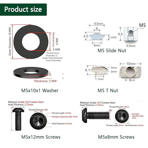 240pcs M5 T-Nuts Screws Kit for 2020 2040 8020 Series Aluminum Extrusion,40Pcs M5x8,40Pcs M5x12 Hexagon Socket Screws,40Pcs M5 T Sliding Nut,40Pcs M5 T Nut,80Pcs Washers - style: 240pcs 20 Series Screws Kit Black