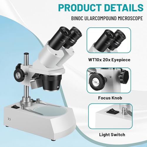 Stereo Microscope，Binocular Microscope, WF10x and WF20x Eyepieces, 10X-80X Magnification, Upper and Lower LED Light Source, Pillar Stand,120V Power Supply and Lithium Battery