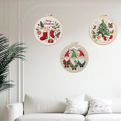 Offizon Christmas Embroidery Kit for Beginners, 3 PCS Starter Cross Stitches, Winter Santa Handicrafts, Merry Chistmas - color: Christmas Beige
