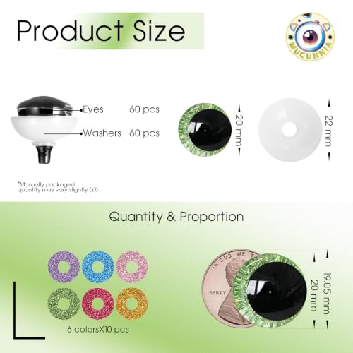 MUCUNNIA 120pcs 20mm 3D Sparkle Moon Safety Eyes for Amigurumi with Washers - size: 20mm