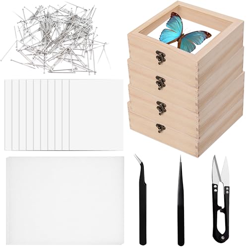 20 PCS Insect Specimen Tools Kit 4 Wooden Display Case Box with Clear Top 10 Sheets Thin Tracing Paper 2 EVA Foam Pinning Board 200 Pins 2 Tweezers 1 Scissors Tools for Winter Bugs Collection