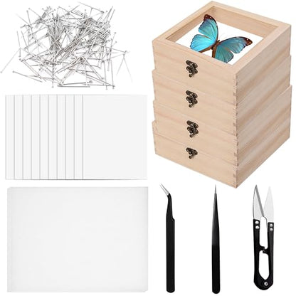 20 PCS Insect Specimen Tools Kit 4 Wooden Display Case Box with Clear Top 10 Sheets Thin Tracing Paper 2 EVA Foam Pinning Board 200 Pins 2 Tweezers 1 Scissors Tools for Winter Bugs Collection