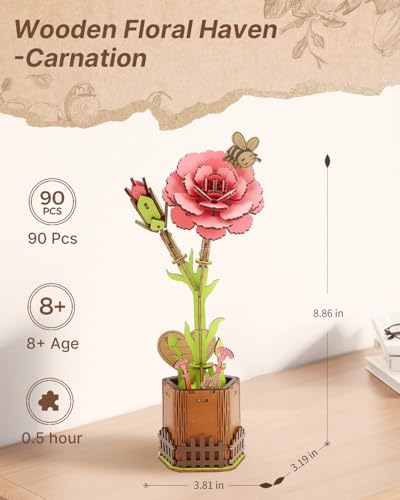 Kaayee 3D Wooden Flower Puzzles Carnation, Wood Flowers Craft for Adults - color: Carnation