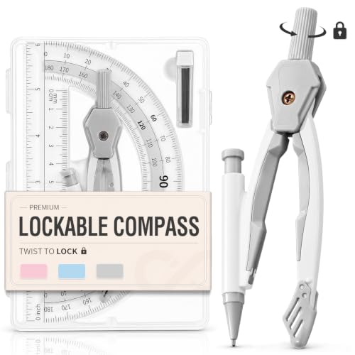 Sooez Lockable Compass and Protractor Set, Compass Drawing Tool Metal Legs - color: Beige and Gray