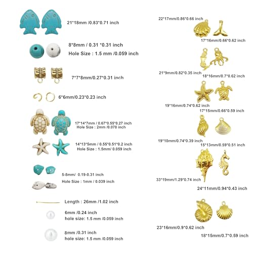 Julie Wang 422PCS Gold Tone Alloy Pendants Seashells Man-made Turquoise Beads Starfish Turtle Ocean Charms for Jewelry Making Summer Beach Bead Necklace Bracelet DIY Supplies - color: Style B-422PCS