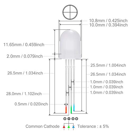 CHANZON 50 pcs 10mm RGB Multicolor Diffused LED Diode Lights Common Cathode - color: K) Rgb (Common Cathode) (50pcs)