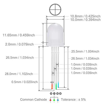 CHANZON 50 pcs 10mm RGB Multicolor Diffused LED Diode Lights Common Cathode - color: K) Rgb (Common Cathode) (50pcs)