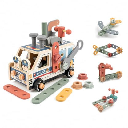 Kids Tool Set, 44 PCS Wooden Toddler Tool Box Workbench Kit with Hammer, Police Car Montessori STEM Educational Construction Building Pretend Play Toy, Birthday Gift for Ages 3-6 Year Old Boys Girls