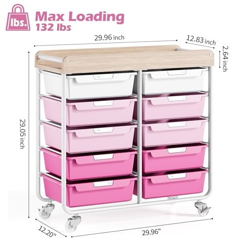 10 Drawers Rolling Cart with Wooden Tabletop, Utility Storage Cart with Wheels, Art Supply Craft Organizer on Wheel with Metal Frame & Handles for Home Office School,Pink - color: Pink