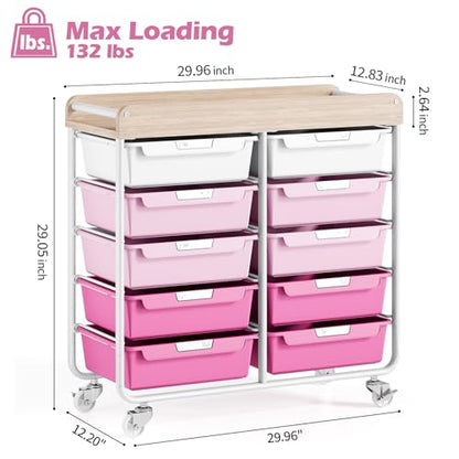 10 Drawers Rolling Cart with Wooden Tabletop, Utility Storage Cart with Wheels, Art Supply Craft Organizer on Wheel with Metal Frame & Handles for Home Office School,Pink - color: Pink
