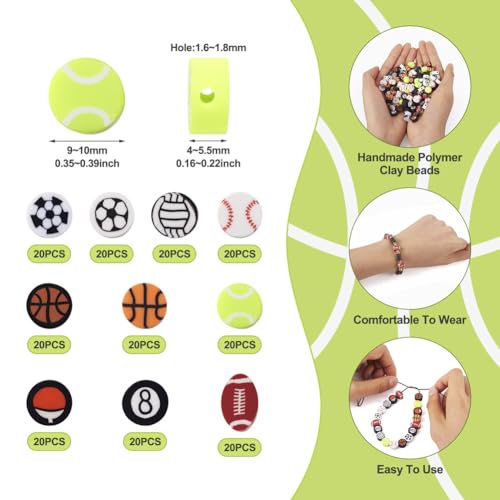 200Pcs Sports Polymer Clay Beads - Basketball, Football, Volleyball, Rugby, Baseball, Ping Pong, Billiards, Spacer Beads for DIY Bracelet, Earring, Key Chain Jewelry Making - color: Sports Theme