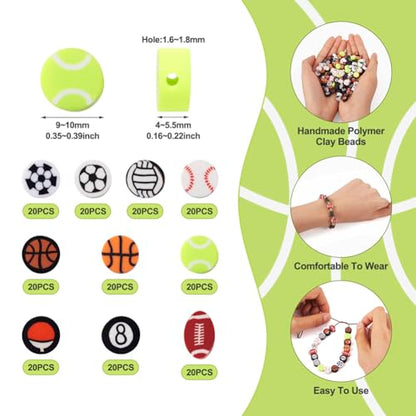 200Pcs Sports Polymer Clay Beads - Basketball, Football, Volleyball, Rugby, Baseball, Ping Pong, Billiards, Spacer Beads for DIY Bracelet, Earring, Key Chain Jewelry Making - color: Sports Theme