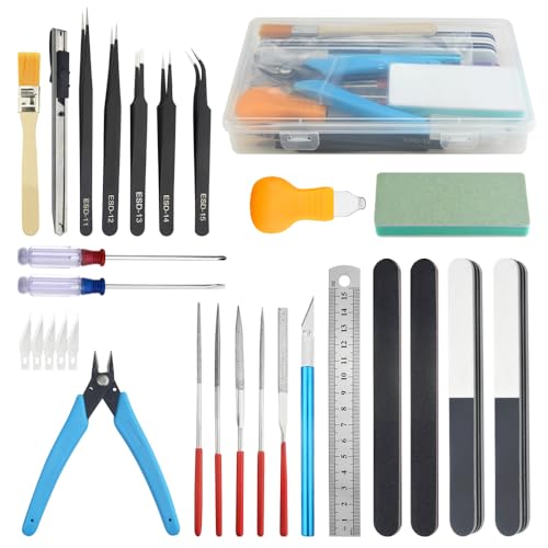 Bigstone 29 PCS Model Tools Kit Modeler Basic Tools Hobby Building Tools Craft Set for Cars, Airplanes, Buildings, Robots Gundam Plastic Models Building Repairing and Fixing