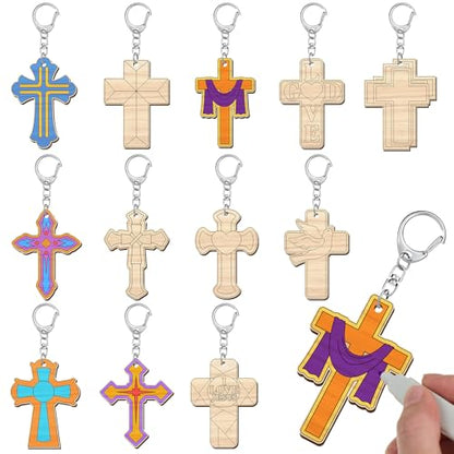 Trnayi 36 Pcs Religious Cross Wood Keychain Color Your Own DIY Craft - style: Religious Cross