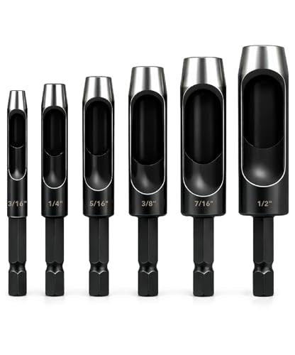 UNCO- Leather Hole Punch Drill Bit Set, 6 pcs, 3/16" 1/4" 5/16" 3/8" 7/16" 1/2", Carbon Steel, Hex Shank Leather Punch Tool Bits for Power Drill, Belt, Strap, Fabric & DIY Craft Work
