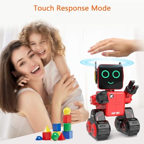 Robots for Kids, Remote Control Robot Toy Intelligent Interactive LED Light Speaks Dance Moves Built-in Coin Bank Programmable Rechargeable RC Robotic Kit (Red) - color: Red