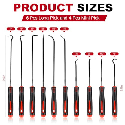 Rindion 10PCS Pick Set Mechanic, Hook and Pick Tool Set with Non-Slip Grip, Long & Mini Automotive Pick Set for O-Ring, Seal & Gasket Removal, Car Repair, Mechanical and DIY Use(Red)