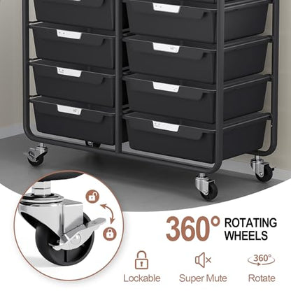 10 Drawers Rolling Cart with Wooden Tabletop, Utility Storage Cart with Wheels, Art Supply Craft Organizer on Wheel with Metal Frame & Handles for Home Office School,Black - color: Black