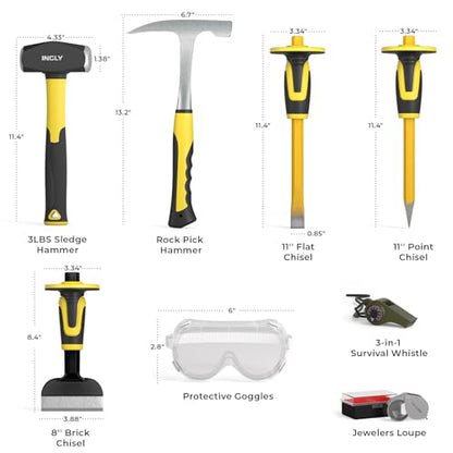 INCLY 8PCS Geology Rock Pick Equipment Kit, Rock Hammer and Chisel Set - size: 8Pcs