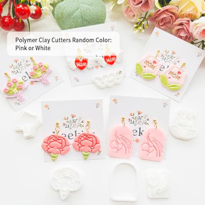 Mother’s Day Polymer Clay Cutters & Stamp Set - 12pcs Sharp & Durable Mom, Heart, Cake, Carnation & Gift Shapes for DIY Earring Jewelry Making, Soft Clay Crafts & Holiday Supplies - color: 2T color