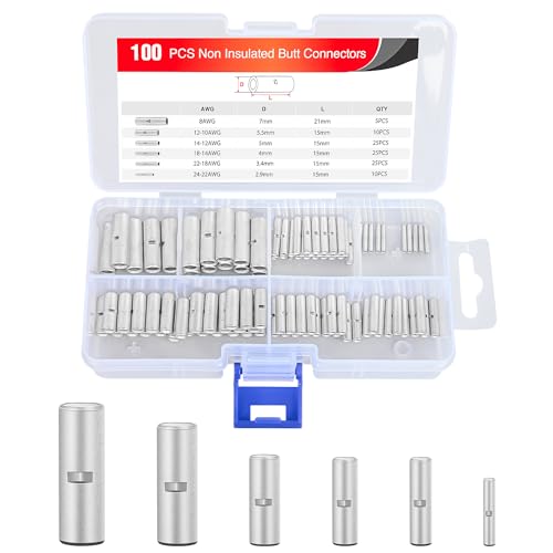 Nilight 100PCS Non Insulated Butt Connectors Kit AWG 24-8 Uninsulated Crimp Butt Connectors Pure Copper Tin Coated Crimp Terminals for Motorcycle Motorbike Car Truck Boats - color: 100PCS Butt Connectors
