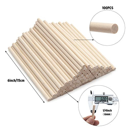 Wood Dowels Wooden Dowel Rods, 100PCS 1/4 x 6 Round Wooden Sticks for Arts and Crafts, Small Unfinished Hardwood Sticks for DIYers Crafting, Cake Support, Lollipop, Photo Booth Props, Home Decor - size: 1/4"×6"-100PCS