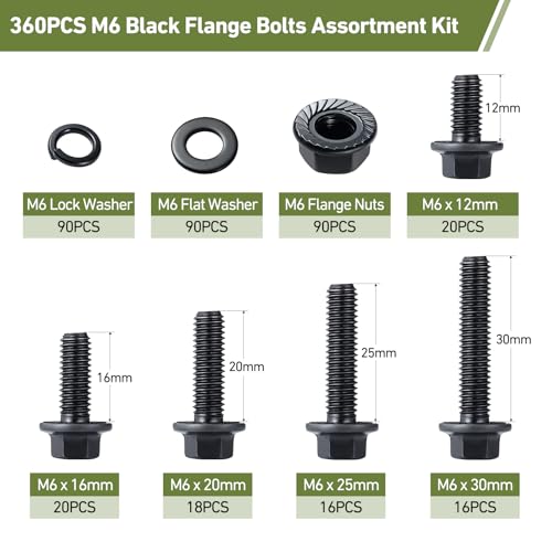 M6-1.0 Bolt Flange Hex Bolt Assortment,360Pcs Metric Bolts and Nuts Kit Serrated Flange Nuts Washers,10.9 Alloy Steel Black Zinc Plated (M6x12/16/20/25/30mm) - size: Black M6 360PCS Flanged Bolt