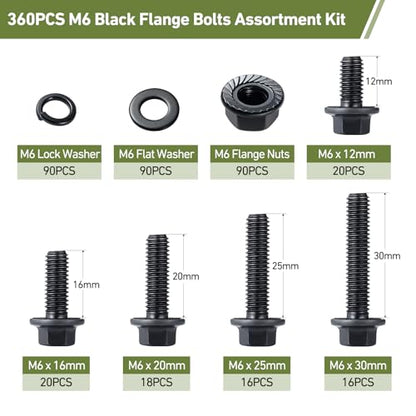 M6-1.0 Bolt Flange Hex Bolt Assortment,360Pcs Metric Bolts and Nuts Kit Serrated Flange Nuts Washers,10.9 Alloy Steel Black Zinc Plated (M6x12/16/20/25/30mm) - size: Black M6 360PCS Flanged Bolt