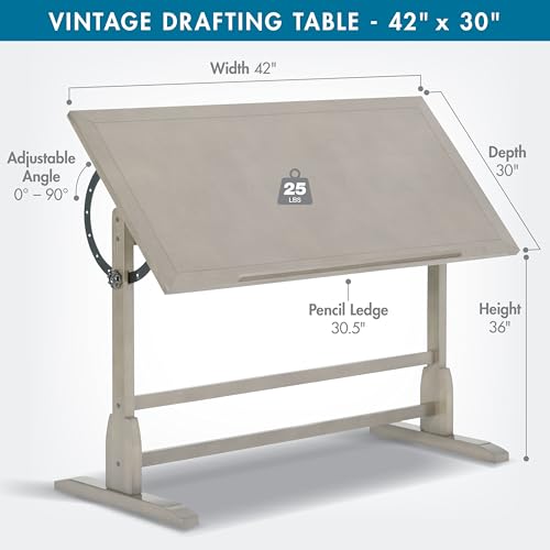 Studio Designs Wood Drawing/Drafting Table with Pencil Ledge - 42" W x 30" D - Whitewash - Tilting Top Adjustable Desk - color: Coastal Whitewash, size: 42" W x 30" D