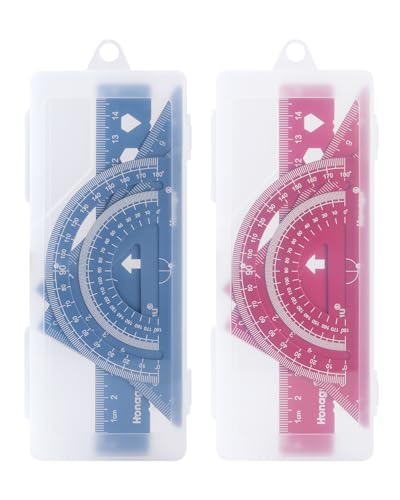Honagu Triangular Ruler Set, 2 Sets/8 Pieces Aluminum Alloy Ruler, Metal Drafting Ruler, Geometric Protractor for Students, Draftsmen, Engineers, School Office Supplies(15cm/5.9inches, Red+Deep Blue) - color: Red+Deep blue