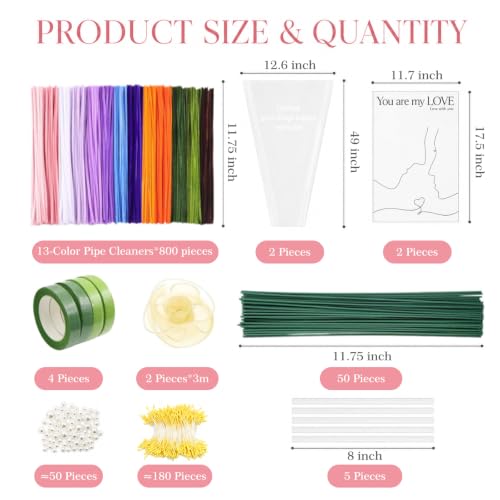 YYAWWNE 800 PCS Pipe Cleaners Flower Kit, 13 Colors Chenille Stem, with Handle, Packaging Paper and Ribbon Decoration and Instruction, DIY Bouquet Art Supplies, Art and Craft Supplies