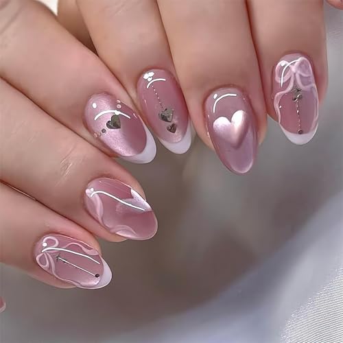 Pink Cat Eye Press on Nails Medium Almond Fake Nails White French Tip False Nails with Heart Designer Reusable Acrylic Nail Bow Artificial Glue on Nails for Women 24Pcs - color: Style13