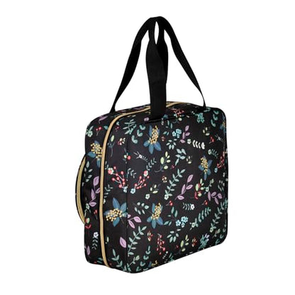Portable Square Cross Stitch Starter Kits Bag Embroidery Project Bag Embroidery Tool Storage Tote Bag with Multifunctional Pockets, Bag Only (Black Leaves) - color: Black Leaves