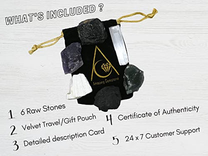 Amazing Gemstone Crystals for House Protection Manifestation, Set of 6 Amethyst, Scolecite, Shungite, Black Tourmaline, Selenite and Moss Agate Healing Crystals and Stones - color: House Protection Crystals