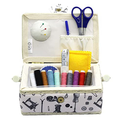 Small Sewing Basket with Supplies, Sewing Kit Storage Box for Girls/Kids/Beginners (White, Sewing Accessories Pattern)