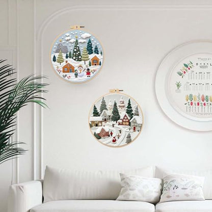 Offizon Christmas Embroidery Kit for Beginners, 2 PCS Starter Cross Stitches, Winter Night Santa Handicrafts, Merry Chistmas - color: Christmas Snow