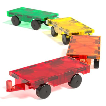 Magnetic Tiles Car Building Kit for Toddlers, 4 PCS Magnet Construction Trucks, STEM Toys for 3-8 Year Old Boys Girls, Educational Vehicle Engineering Set - color: Red Orange Yellow Green