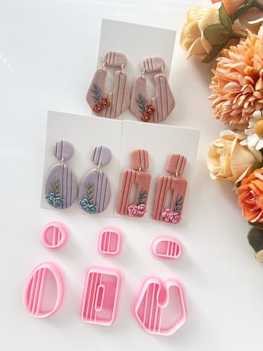 Textured Polymer Clay Earring Cutters Set, 6Pcs Geometric Clay Cutters for Polymer Clay Jewelry Making, 3D Printed Clay Earring Cutters for DIY Crafts, Boho Vertical Striped Clay Molds for Earrings