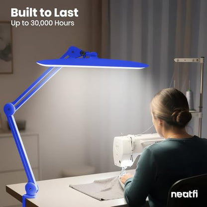 Neatfi XL 2200 Lumens 24W LED Desk Lamp – Shadow-Free Task Lighting | 4-Level Dimming | Home Office & Crafts Use | 20-Inch Wide Head (Sapphire Blue, Non-CCT with Clamp) - color: Sapphire Blue, size: Non-CCT with Clamp