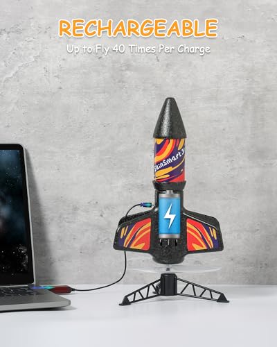 SainSmart Jr. Rocket Launcher for Kids, Motorized Air Rocket Toy with Parachute, Self-Launching up to 200 ft, Outdoor Toys for Ages 8-12, Birthday Gifts for Boys & Girls - style: Flame