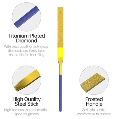 HUHAO 10-Piece Mini Diamond Needle File Set 3x140mm Small Metal Riffler Files Jewelers File Precision Hand Tools for Metal Glass Wood Stone Jewelry - Round Triangular Square Flat Shape - color: Gold, size: 3*140
