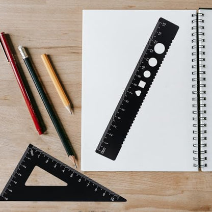 5 Pcs Metal Geometry Set, Math Drafting Ruler Kit- Aluminum Triangle Rulers, Protractor, 8 Inch and 6 Inch Drawing Ruler, Measuring Tool for School and Office (Metric and Imperial, Black) - color: Black