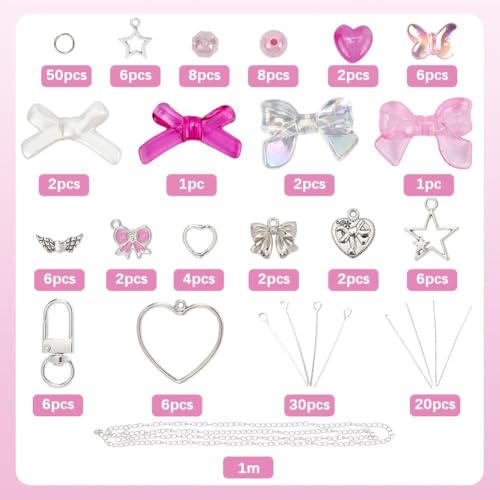 SUNNYCLUE 1 Box 171Pcs Small Bow Bag Charms Keychains Making Kit Love Romantic Bowknot Beads Pink Bow Beads Acrylic Glass Spacers Charm for Handbag Purse Bag Craft DIY Accessories Decorations Women - style: Bow 2