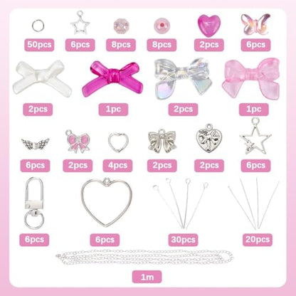 SUNNYCLUE 1 Box 171Pcs Small Bow Bag Charms Keychains Making Kit Love Romantic Bowknot Beads Pink Bow Beads Acrylic Glass Spacers Charm for Handbag Purse Bag Craft DIY Accessories Decorations Women - style: Bow 2