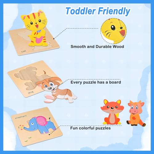 8pcs Wooden Puzzles for Toddlers 2 3 4, Toddler Puzzles Ages 1 2 3 4 - style: Zoo Animals