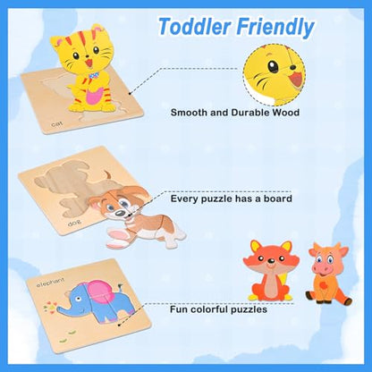 8pcs Wooden Puzzles for Toddlers 2 3 4, Toddler Puzzles Ages 1 2 3 4 - style: Zoo Animals
