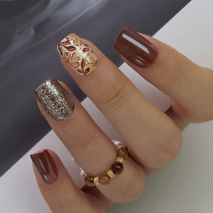 CurvLife Short Square Glitter Fall Press On Nails, Golden Floral, Soft Gel - color: Brown Floral and Glitter
