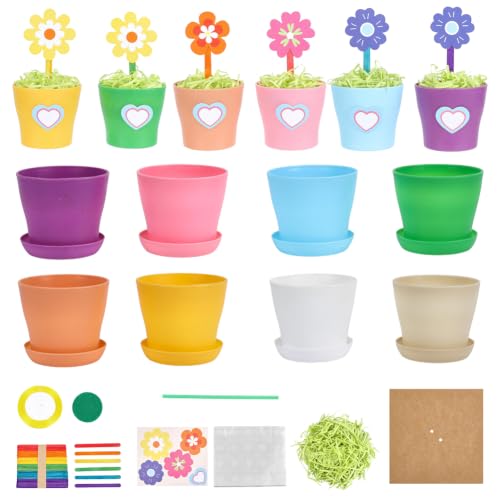 AHANDMAKER Flower Pot Painting Craft Kit Flower Plant Spring Crafts with Stickers Blank Labels Filling Grass DIY Plant Growing Kit for Classroom Home Art Activities