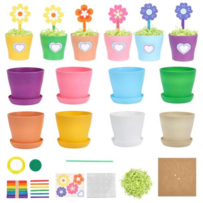 AHANDMAKER Flower Pot Painting Craft Kit Flower Plant Spring Crafts with Stickers Blank Labels Filling Grass DIY Plant Growing Kit for Classroom Home Art Activities
