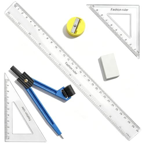 7Pcs Geometry Tool Protractor and Compass Set 12Inch Plastic Ruler